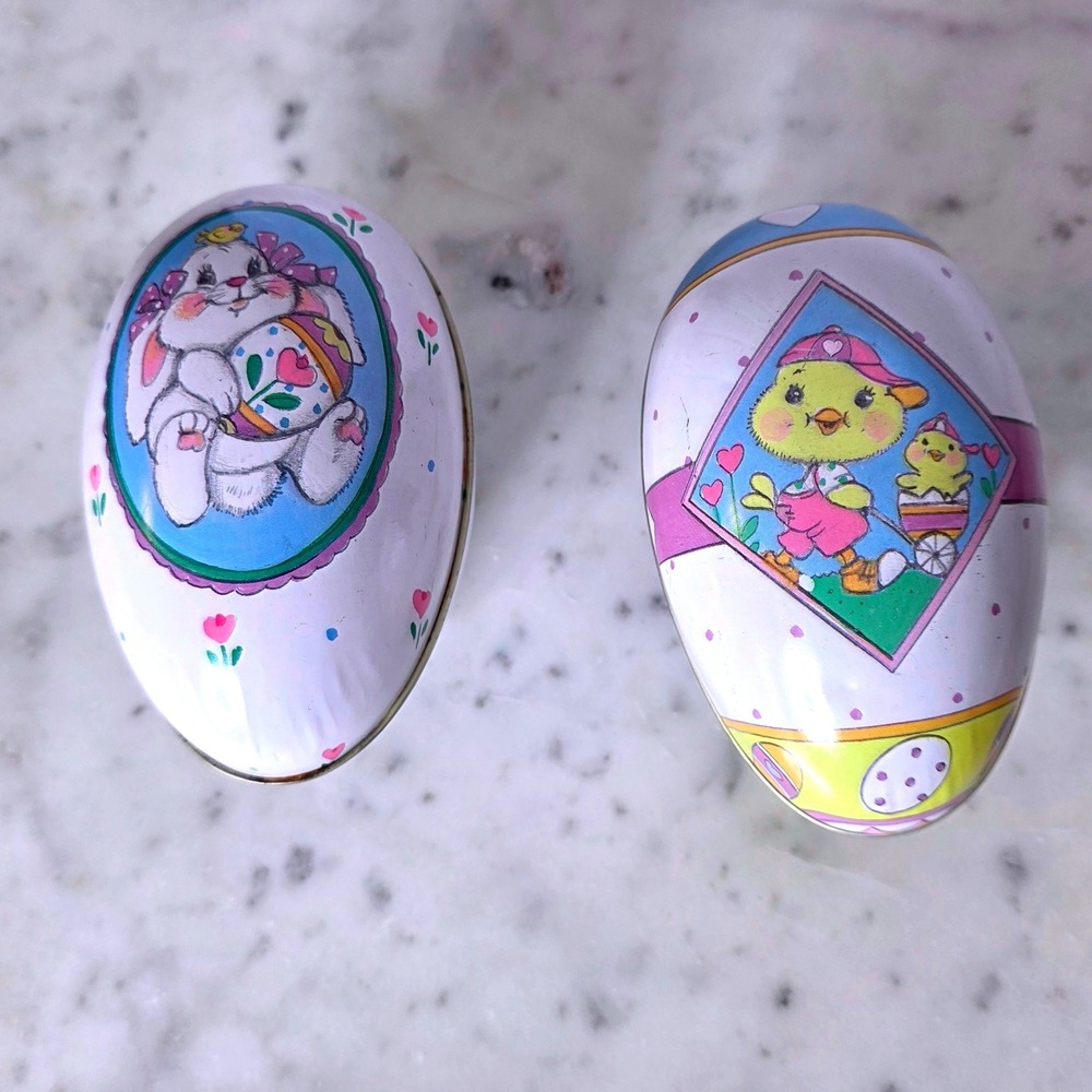 Vtg Easter Egg Tin Bunny Chick Rounded 3D Storage Candy Containr Spring Decor lg